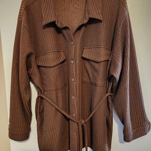 Eloquii belted brown button-up long sleeve sweater.